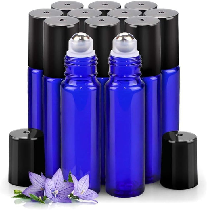12 Pack Essential Oil Roller Bottles Stainless Steel, 10Ml Amber Glass Roller Bottles with Caps for Travel, Perfume and Lip Gloss
