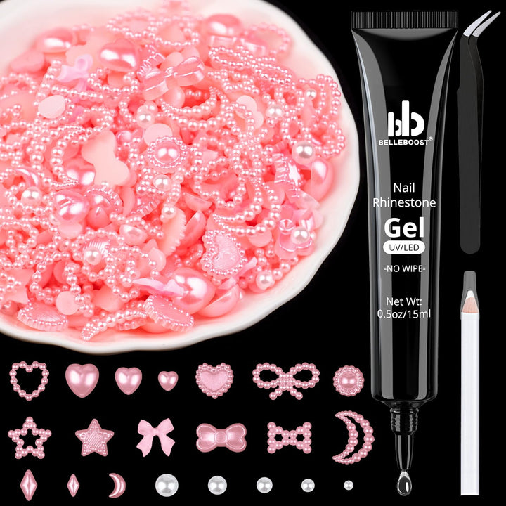 1200Pcs 3D Multi Shapes Nail Charms and Flatback Pearls, White&Pink Mix Styles Heart Star Bow Sunflower Embellishments for Nail Art, Craft and Decoration with Tweezer and Pickup Pencil