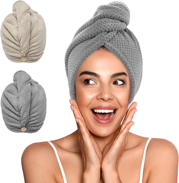 2 Pack Microfiber Hair Towel Wrap for Women, Super Absorbent Quick Dry Hair Turban for All Hair Style anti Frizz, Large Hair Drying Towel with Button