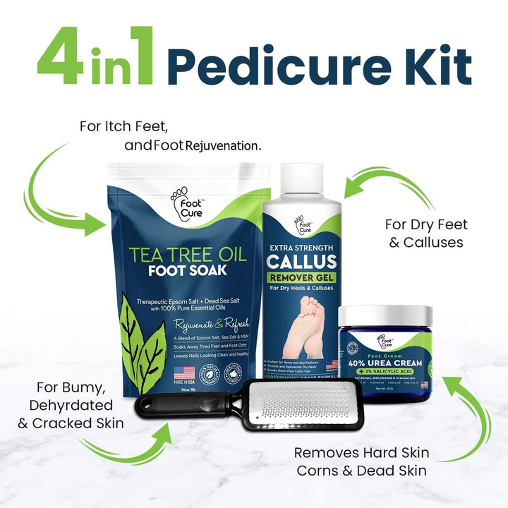 Exfoliator & Callus Remover Pedicure Set – Care Kit Includes File for Dead Skin, Tea Tree Oil Soak Salts, Urea Cream 40 Percent Removal Gel Made in USA, Ivory, 4 Piece
