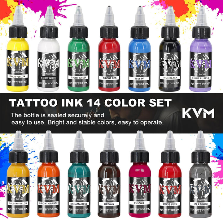 Tattoo Ink Set 14 Pcs Colors 1Oz (30Ml) Tattoo Supply Indoor Tattoo Studio Renowned for Its Smooth Flow Characteristics