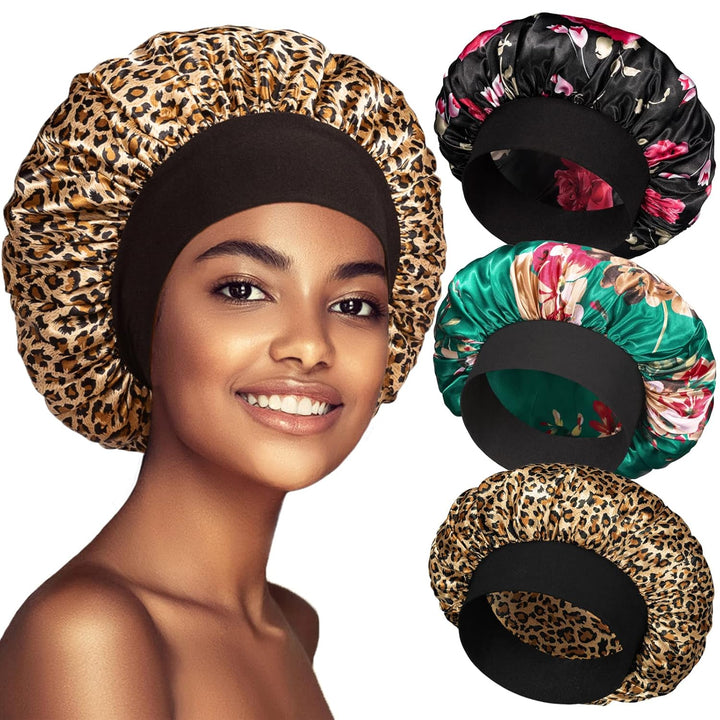 3 Pack Satin Bonnet Silk Hair Bonnet for Sleeping, Sleep Bonnets for Women Large Wide Soft Band Sleep Cap for Curly Hair Braids