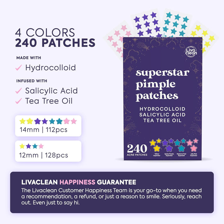 Star Pimple Patches for Face W/Hydrocolloid, Salicylic Acid & Tea Tree, 240 Patches, Hydrocolloid Acne Patch, Cute Star Pimple Patch for Healing Stickers Zit Superstar