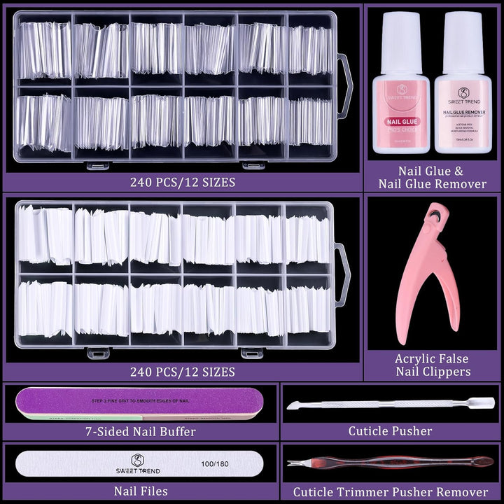 Fake Nail Tips White Clear:  No C Curve Tapered Square Nail Tips for Acrylic Nails - 480Pcs 12 Sizes Extra Long Straight Nail Extension Kit - with Glue Remover & Glue Acrylic Clippers Set