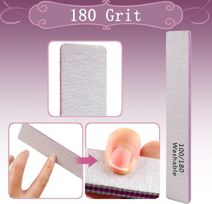 Nail File 12 PCS Professional Reusable 100/180 Grit Double Sides Washable Nail File Manicure Tools for Poly Nail Extension Gel and Acrylic Nails Tools Suit for Home Salon