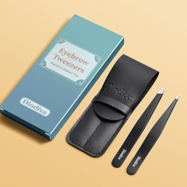 2-Pack Tweezers for Eyebrows, Facial Hair, Ingrown Hair Removal, Slant and Point Tip Tweezer Set for Women and Men, Professional Stainless Steel Precision Eyebrow Plucking Grooming with Case - Black