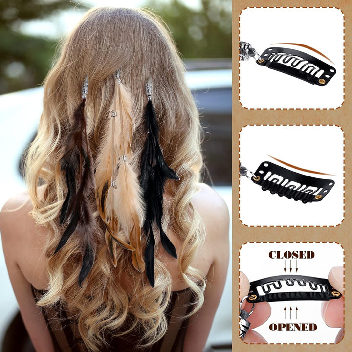 12 Pcs Clip in Hair Feathers Extensions for Women Colored Boho Feather Hair Clips Halloween Cosplay Costume Carnival Party Headdress Accessory Gifts(Brown, Black, Dark Coffee,Standard)