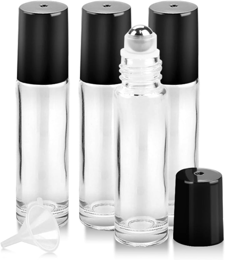 4 Pack Essential Oil Roller Bottles, 10Ml Refillable Amber Glass Roller Bottles with Stainless Steel Roller Balls and Caps for Travel, Perfume and Lip Gloss