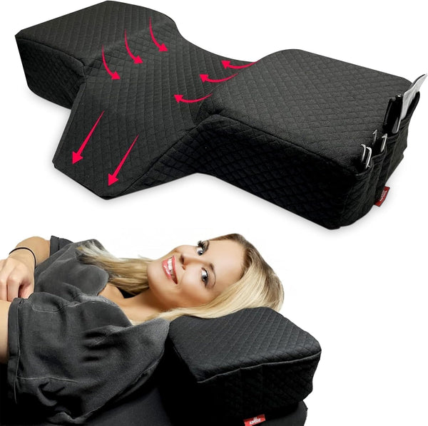 Lash Pillow for Eyelash Extensions - Curved Memory Foam Bed Pillow, Ergonomic Head Rest with Neck Support, Side Pockets for Tools, Fits Lash Beds for Tech – Black
