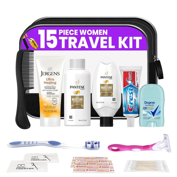 Travel Toiletry Kit for Women – 15 Piece Set of Premium Travel Size Toiletries, TSA Compliant Travel Essentials, Includes Shampoo and Conditioner, Body Wash, Toiletry Bag & More