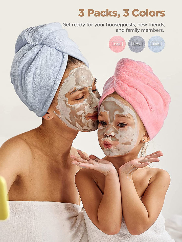 Microfiber Hair Towel,Turbans for Drying Wet Hair, anti Frizz Hair Wrap Towels for Curly Hair Women (Blue,Grey,Pink) , 3 Packs