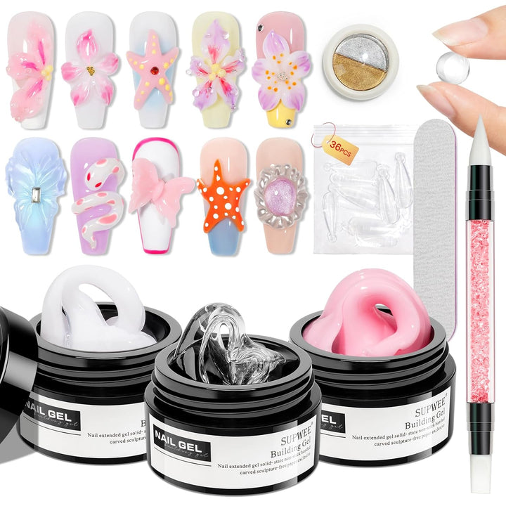 3D Nail Art Gel Clear and White Solid Builder Gel for Nails Non-Stick Hand Sculpture Hard Gels with Dual Form for Carving Patterns Decoration Nail Art Home Manicure DIY for Women