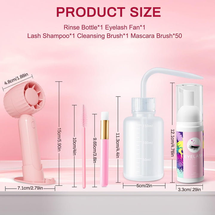 Lash Cleaning Kit - Lash Shampoo Kit Eyelash Extension Cleanser for Extensions 60ML with Rechargeable Handheld Lash Fan Dryer Mascara Brush Rinse Bottle Makeup Cleansing Foam for Lash Care