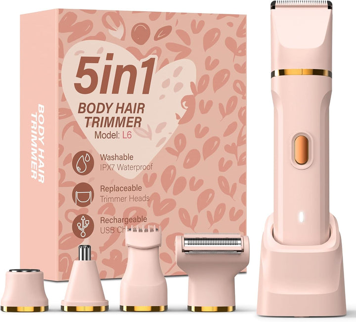 5-In-1 Bikini Trimmer for Women, IPX7 Waterproof Electric Razors Shaver, Cordless Body Hair Trimmer, Facial & Pubic Hair Removal, Ceramic Blade (White)