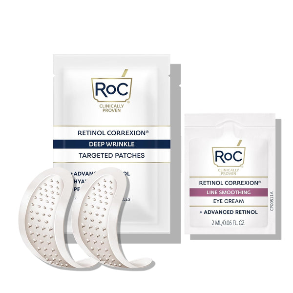 Retinol Correxion Deep Wrinkle Non-Invasive Targeted Patches with Hyaluronic Acid + Firming Peptides for Forehead, 11 Lines, Crow’S Feet and Laugh Lines, (6 Patches) with Retinol Eye Packette
