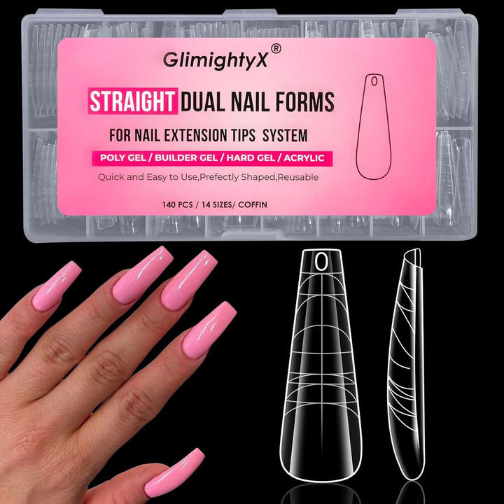 Straight Flat Polygel Nail Forms for Finger and Toes, Pre-Etched No File Dual Forms Molds for Large Wider Normal Petite Finger &Toe Nail Beds,16 Sizes 000 to 13