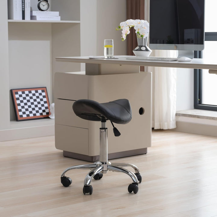 Swivel Saddle Stool with Wheels, Adjustable Rolling Stool 18"-26", Faux Leather Rolling Stool for Salon, Massage, Clinic, Lab, Office (Black, 1PCS (18"-26"))