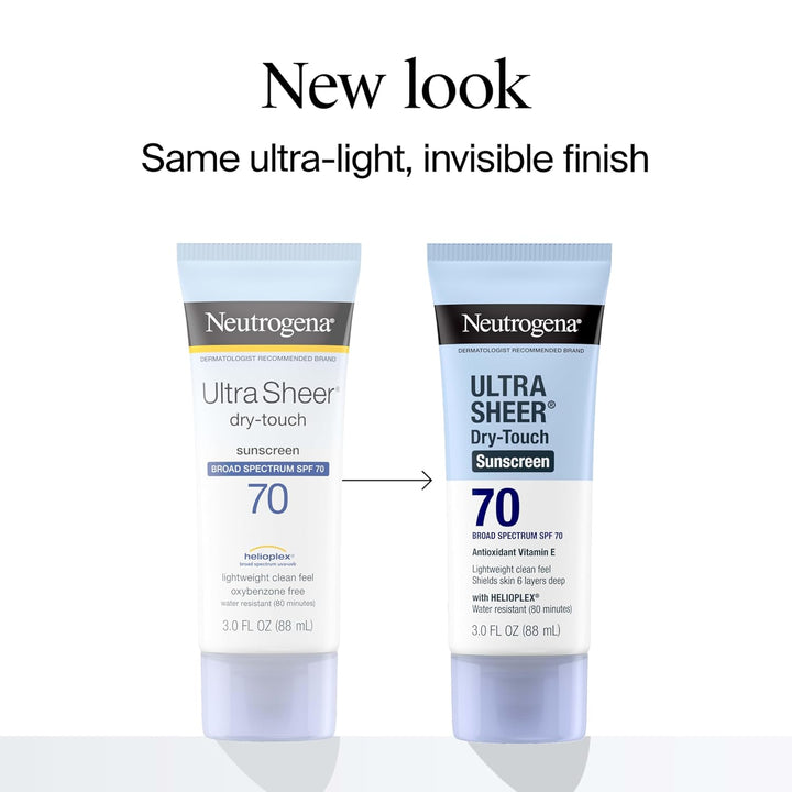 Ultra Sheer Dry-Touch Sunscreen Lotion SPF 70, Broad Spectrum, Water Resistant 80 Min, Oil-Free, Oxybenzone-Free, Non-Comedogenic, Matte Finish, Body Sunscreen, Travel Size 3 Fl Oz