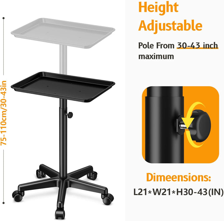 Salon Tray on Wheels - Premium Aluminum Tattoo Tray Rolling Trolley - Adjustable Salon Service Rolling Tray Hairdresser Cart with Clinic Spa Rolling Tray Wheels (Black)