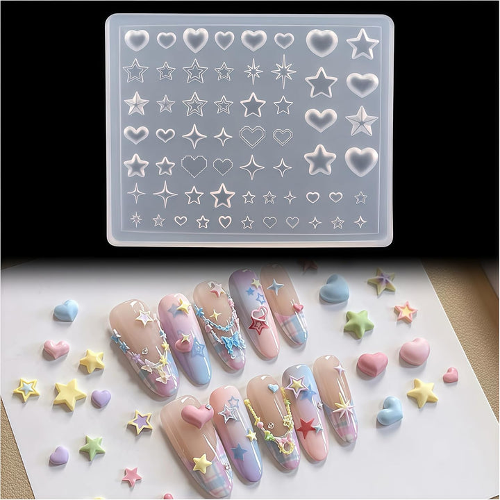 3D Nail Molds Heart, Stars, Starburst Nails Charms Design, Silicone Tool Art Y2K Decoration