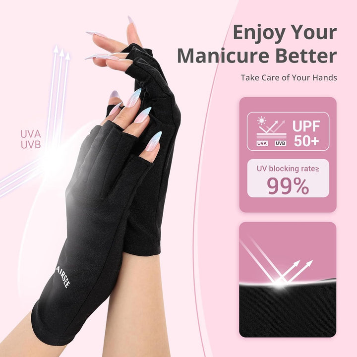 UV Gloves for Nail Lamp,Professional UPF50+ UV Protection Gloves for Manicures Nail Art,Fingerless Gloves That Shield Skin from the Sun and Nail Lamp (Black)