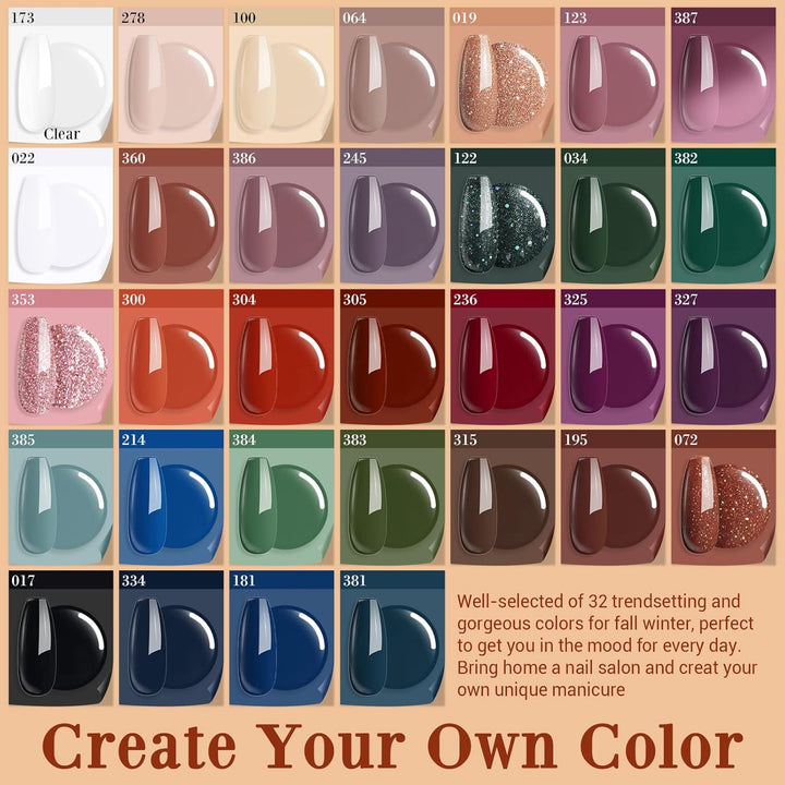 42Pcs Dip Powder Nail Kit Starter, 32 Colors Green Nude Brown Blue Christmas Dipping Powder Set with Top/Base Coat & Recycling Tray for French Art Manicure Salon