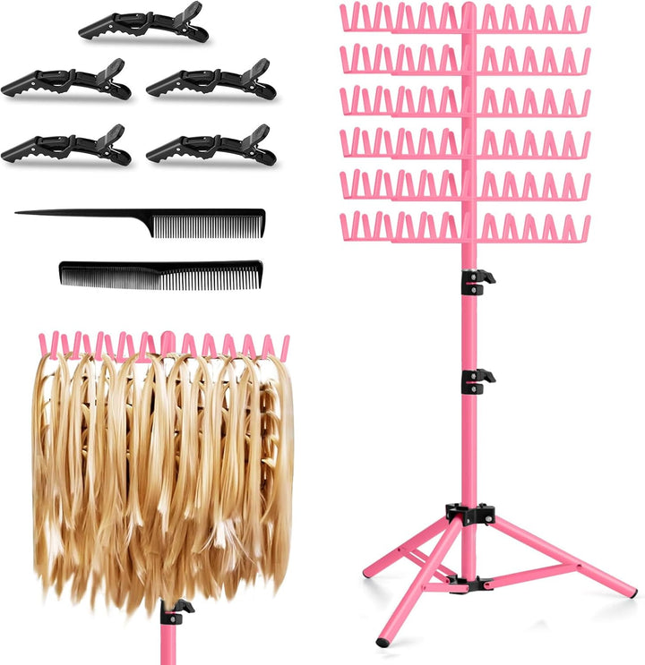 Braiding Hair Rack Height Adjustable 144 Pegs Braiding Rack Hair Extension Holder with Hair Braid Tools, Easy to Assemble (Pink)