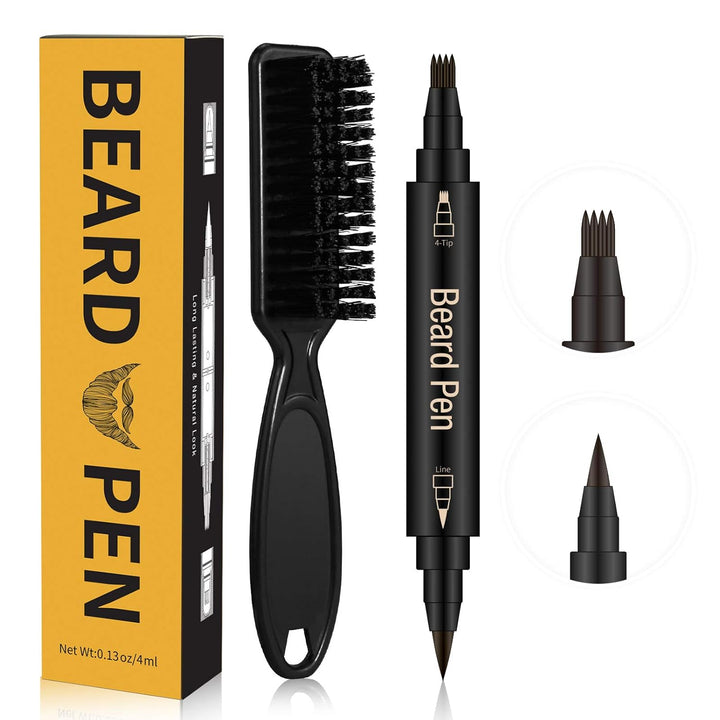 Beard Pencil Filler for Man Water Proof Beard Pen and Beard Brush Long Lasting Coverage Natural Finish, Male Mustache Repair Shape, Effective Enhance Facial Hair （BLACK）