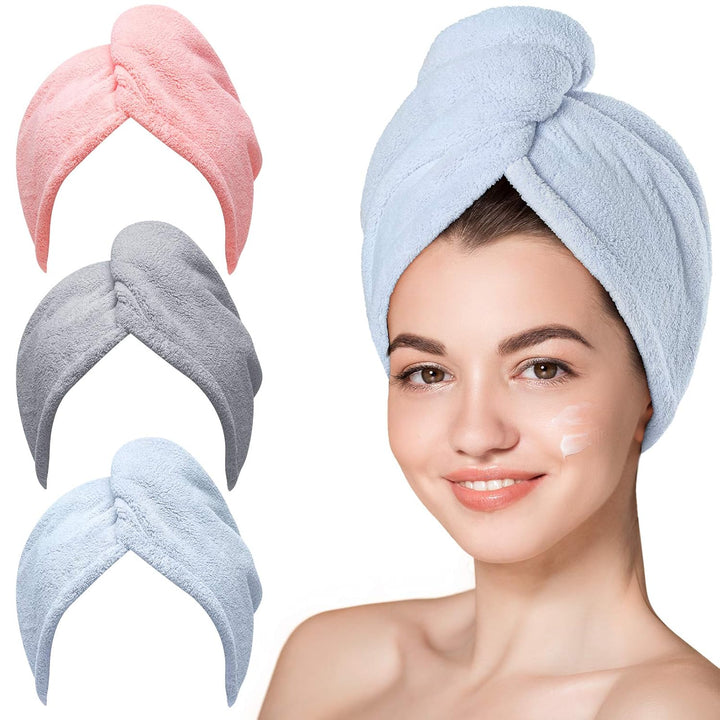 Microfiber Hair Towel,Turbans for Drying Wet Hair, anti Frizz Hair Wrap Towels for Curly Hair Women (Blue,Grey,Pink) , 3 Packs