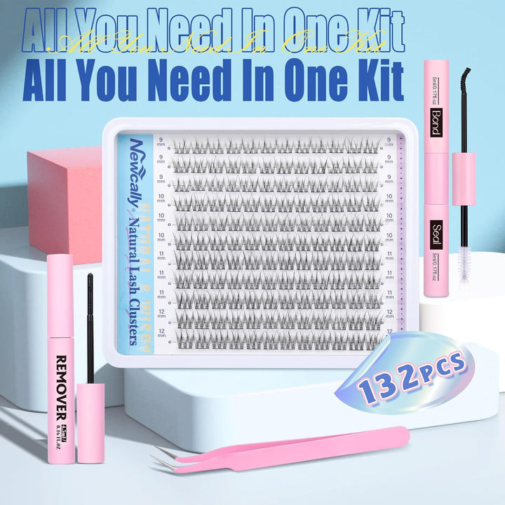 Natural Lash Clusters Kit DIY Lash Extension Kit Wispy Eyelash Extension Kit C-Curly Individual Lashes Kit 9-12MM Short Eyelash Clusters with Lash Remover by