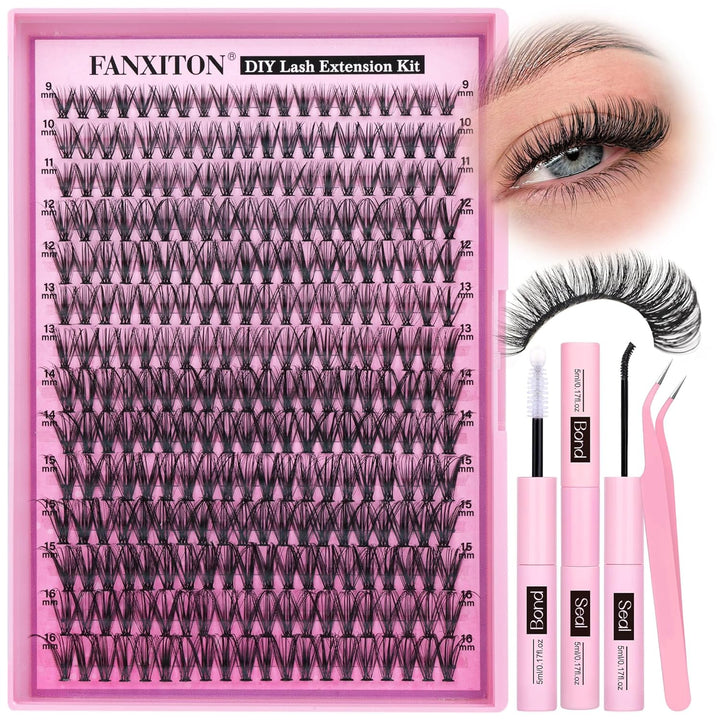 DIY Lash Extension Kit Volume Lash Clusters 40D+50D D Curvature Individual Lashes Lash Clusters Kit Thick Eyelash Extension Kit 280 Pcs Thin Band Cluster Lashes Lash Bond and Seal Tweezers