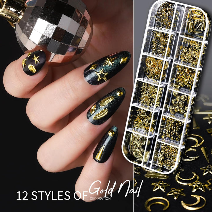 Nail Charms Nail Gems with 15 Sheets Gold Nail Stickers, 6 Boxes of Rhinestones for Nails Art Tools, 3D Nail Decals Pearls for Nails