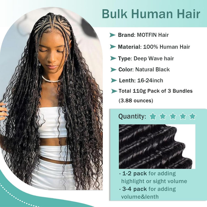 Human Braiding Hair for Boho Braids Human 110G 20 Inch Curly Boho Hair for Braiding Knotless 12A Deep Wave Bulk Bohemian 3 Bundles/Pack Natural Color