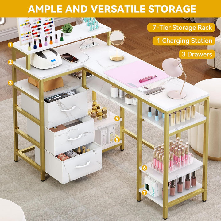 L Shape Nail Desk for Nail Tech - Spacious Manicure Table with Built-In Charging Station, Marbling Texture Manicure Station for Home, Beauty Salon Spa