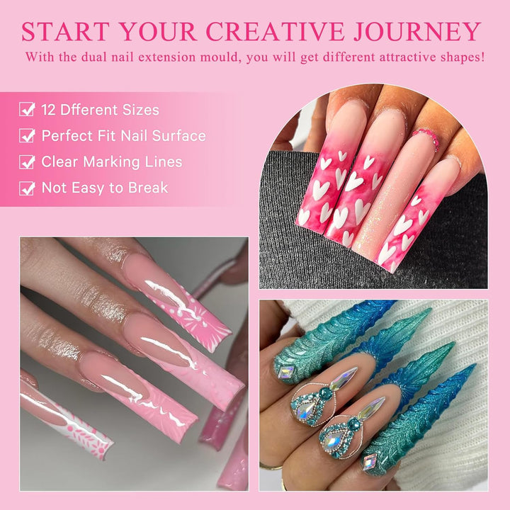 Nail Dual Forms for Poly Gel Set, 12 Styles 12 Sizes Nail Mold Extension Forms, 144Pcs Full Cover False Nail Tips, Duet System with 5Pcs Nail Clips Nail Brush Nail Files Cuticle Trimmer