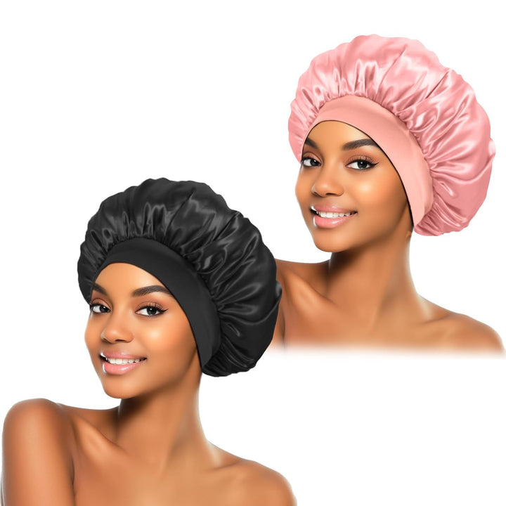 2Pcs Silk Bonnet for Sleeping, Satin Hair Bonnets, Soft Elastic Band Silk Sleep Cap, Hair Wrap for Women (Black Gold)