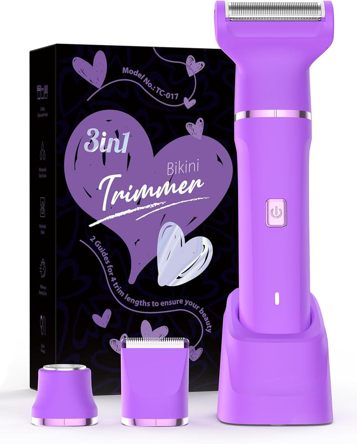 Electric Razors for Women - IPX7 Waterproof Pubic Hair Remover for Shower & Travel, 3-In-1 Bikini Trimmer with Body/Round/Curved Heads, Hypoallergenic Foil & Ceramic Blades, Self-Care Gifts for Her