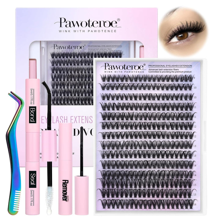 Lash Extension Kit DIY 280Pcs Lash Clusters Eyelash Extension Kit, 9-16Mm 30D 40D Individual Lashes Kit with Lash Bond and Seal, Lash Tweezers for Self Use (30D&40D, 0.07D, 9-16Mm, Kit)