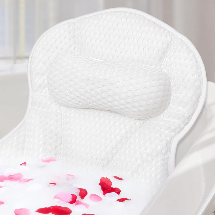 Ultimate Comfort Bath Pillow with 6 Non-Slip Suction Cups - Bathtub Pillow Ergonomic Neck & Back Support, Breathable Mesh Design for Spa Relaxation, Durable Bath Accessories（White