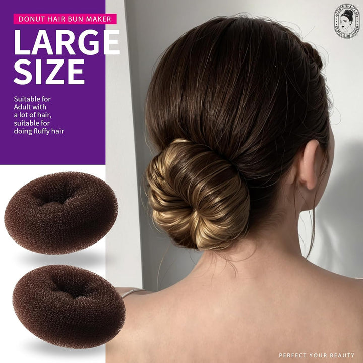 Donut Hair Bun Maker Set - 7 Rings (1 Extra-Large, 2 Large, 2 Medium, 2 Small), 5 Elastic Bands, 20 Hair Pins, Dark Brown