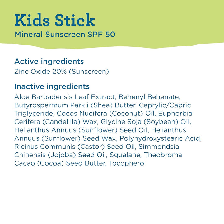 Mineral Sunscreen Stick with Zinc Oxide SPF 50+ Water Resistant UVA/UVB Protection Easy to Apply Fragrance Free, Kids, Unscented, 0.5 Oz