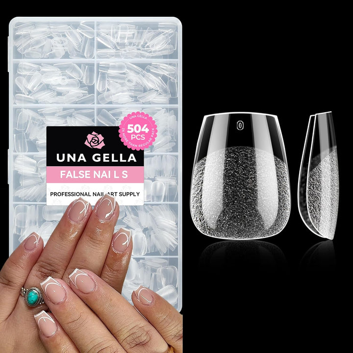 Almond Gel Nail Tips, 504PCS Pre Etched Clear Fake Nails Tips Medium Almond Shape - 12 Sizes Full Cover Soft Acrylic Press on Nail Extensions No C Curve Gift for Diy at Home