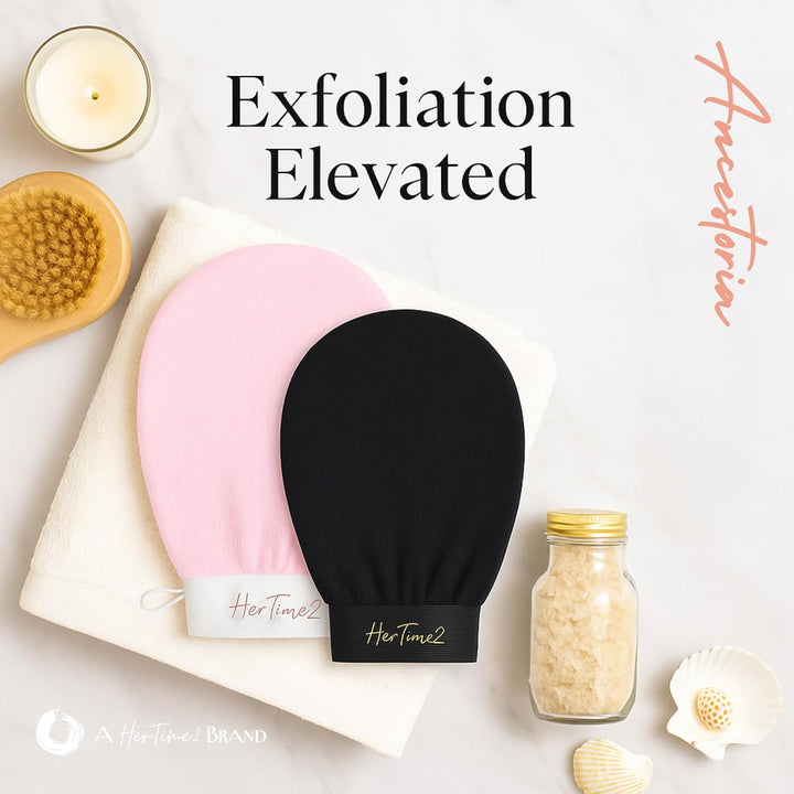 Ancestoria Korean Exfoliating Gloves for Shower, Pink and Black, 2-Pack, Deep Exfoliating Mitts for Body, Reusable and Chemical-Free, a  Brand