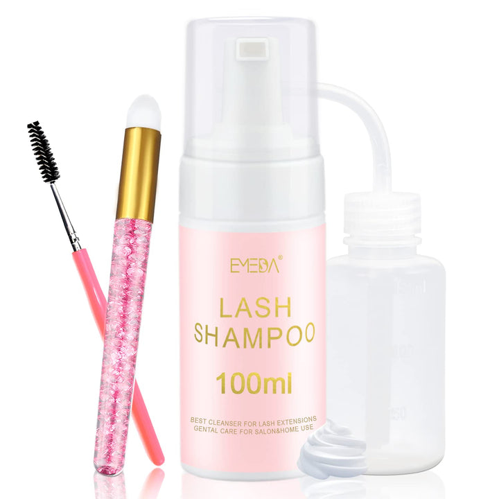 Lash Shampoo Kit - 3.38 Fl.Oz / 100Ml Gentle Foam Lash Cleanser, Oil-Free Cleaning for Wash Extension/Natural Eyelash Bath with Rinse Bottle Brush