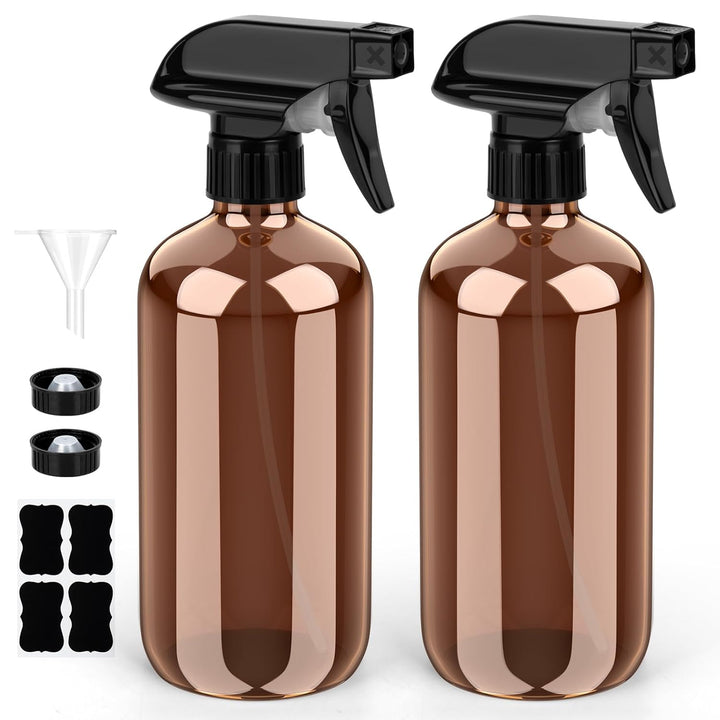 Glass Spray Bottle, Amber Glass Spray Bottle Set & Accessories Refillable for Plants Window Cleaners Aromatherapy Facial Hydration Watering Flowers Hair Care (2 Pack/16 Oz) (Amber)