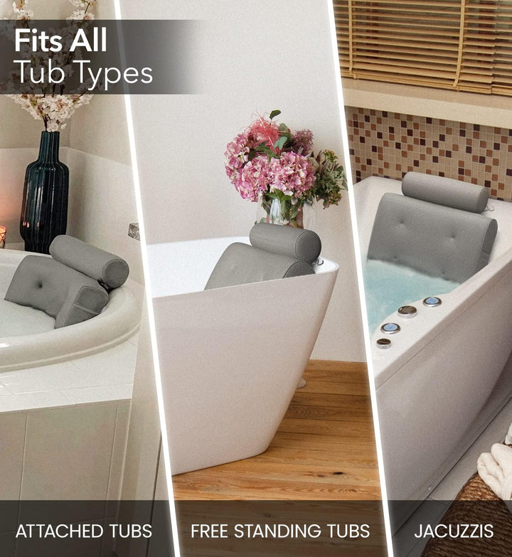 Luxury Bath Pillows for Tub with Head and Neck Support - Non-Slip Bathtub Pillow with Suction Cups, Quick-Drying Mesh & Drying Hook - Jacuzzi & Spa Accessories for Women - Gray