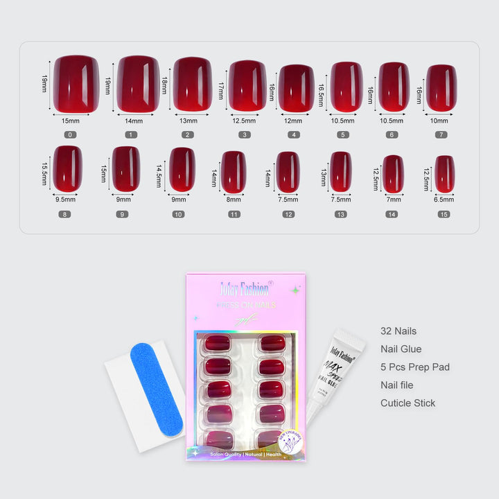 Press on Nails Short -  Acrylic Press on Nails Red, Square Glue on Nails with Nail Glue, Fit Perfectly & Natural Stick on Nails in 16 Sizes - 32PCS Soft Gel Kit, Wine Red