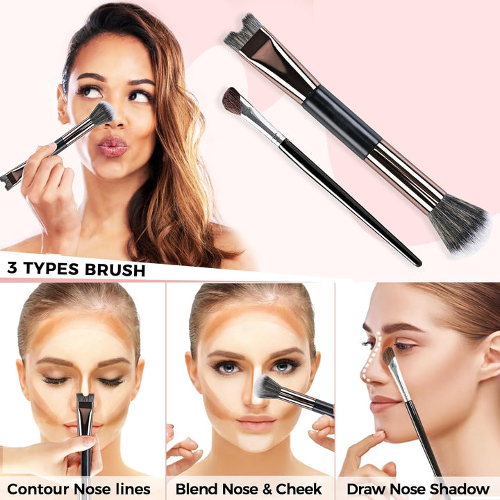 2PCS Nose Contour Brushes, 2-In-1 U-Shaped Brush and Fluffy Brush, Angled Tilt Brush, Nose Brushes Set for Nose Sculpting and Defining