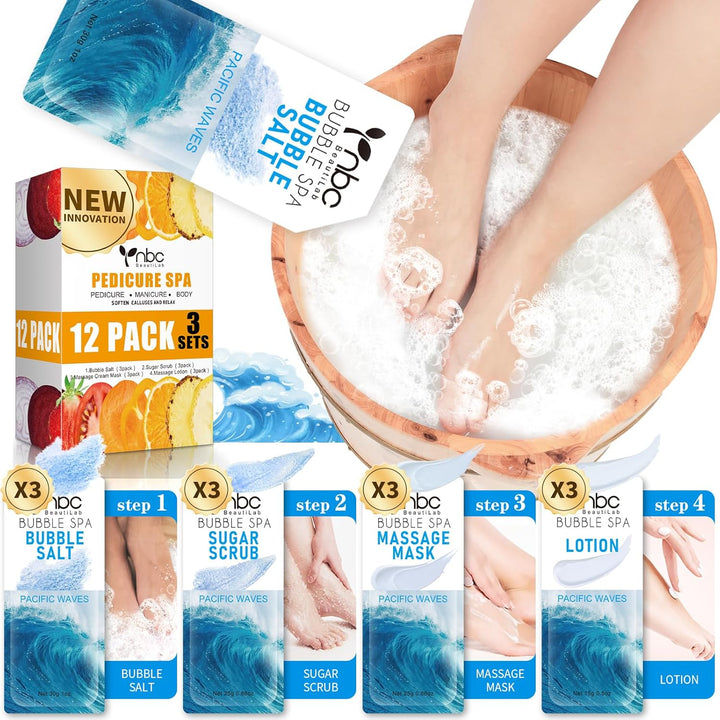 Pedicure Kit Foot Soak Set: Bubble Salt, Sugar Scrub, Massage Mask, Massage Lotion in a Box, 4 Step Foot Spa Kit for Dry Feet,Tired Feet（1 Set Lavender)