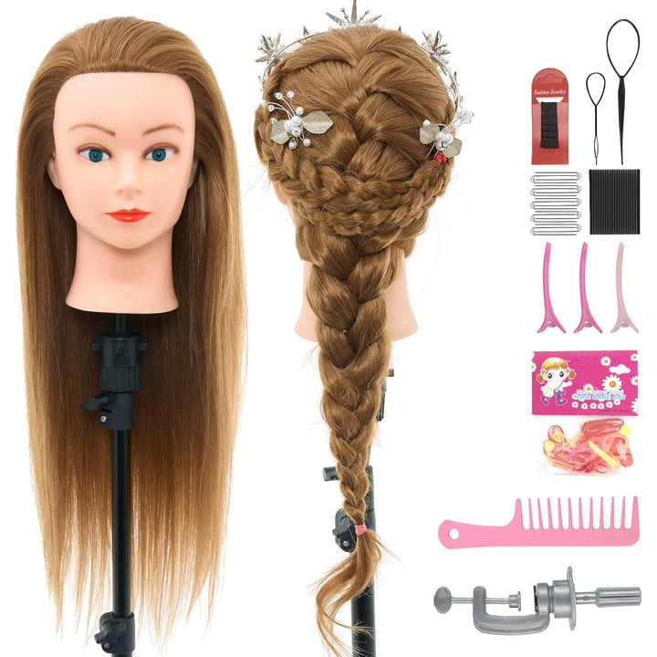 Mannequin Head with 80% Real Human Hair, 28“ Make up Cosmetology Manikin Practice Head with Hair,Braiding Hairdressing Doll Head with Table Clamp + DIY Hair Styling Set Suitable for Hair Extensions